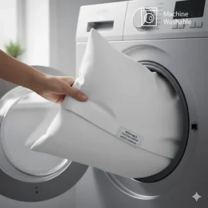A person placing a removable white cotton anti snore pillow cover into a front-loading washing machine to maintain sleep hygiene.
