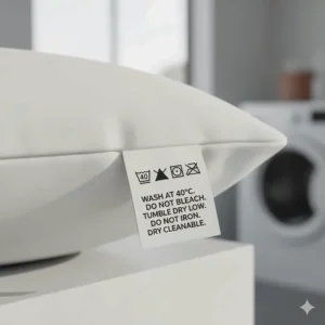 A goose feather pillow featuring a care label with British laundry symbols for easy maintenance.