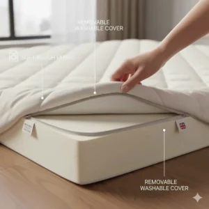 A soft-touch, removable protector cover being unzipped from a memory foam topper for machine washing at 40 degrees.