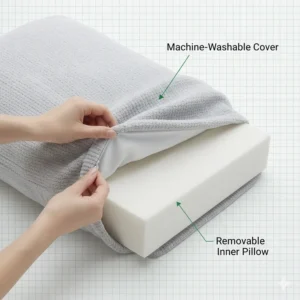 A hand removing a machine-washable, soft-knit outer cover from a memory foam pillow for easy cleaning.