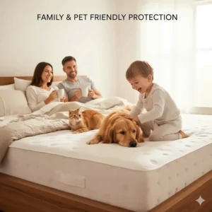A happy British family with a dog and cat on a bed, protected by a durable waterproof mattress cover.