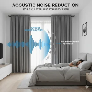 Illustration representing the sound-dampening qualities of heavy-duty thermal curtains for a quieter night's sleep.