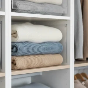 Clear acrylic shelf dividers keeping stacks of folded jumpers tidy and upright for better wardrobe space saving.