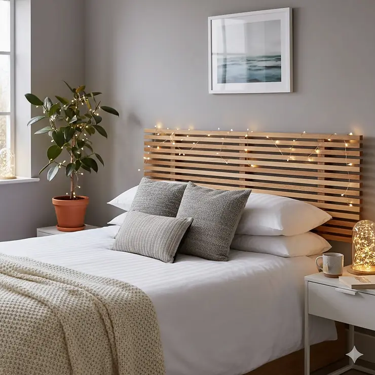 A cosy UK bedroom featuring warm white battery fairy lights draped over a modern wooden slatted headboard with neutral bedding. battery fairy lights bedroom