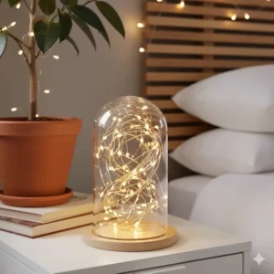 Warm LED battery fairy lights coiled inside a glass bell jar displayed on a white bedside table next to a potted plant.