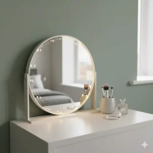 Battery powered fairy lights delicately framing a circular vanity mirror on a white dressing table with a soft green wall.