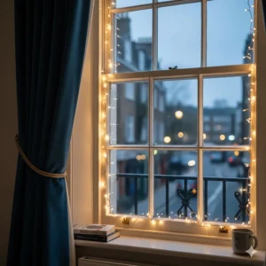 Twinkling battery fairy lights outlining a traditional Victorian sash window overlooking a British street at dusk.