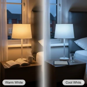 Comparison of warm white vs cool white LED bulbs in bedside lamps for comfortable night-time reading.