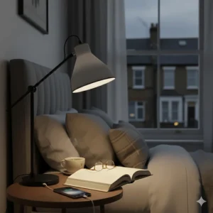 A contemporary bedside reading lamp featuring a built-in USB port for charging devices on a small table.