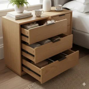 Close-up of a bedside table with three deep drawers open to show ample storage for books and accessories.