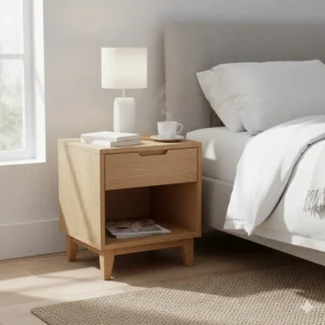 Minimalist bedside table with storage styled with a designer lamp and a cup of tea.