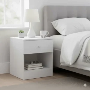 White bedside table featuring a top drawer and an open storage shelf for easy access to reading materials.