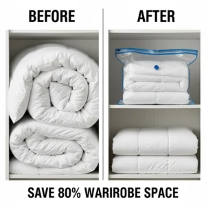 Side-by-side comparison of bulky uncompressed duvets versus flat, vacuum-sealed bags, highlighting wardrobe space savings.