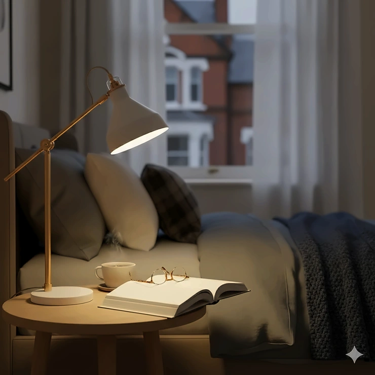 A stylish adjustable brass bedside lamp for reading on a wooden nightstand in a cosy British bedroom. bedside lamps for reading