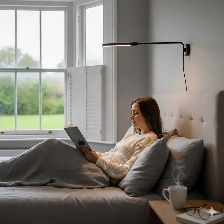 A person relaxing in a cosy bedroom reading a hardcover book under a warm, adjustable LED bedside reading light. reading lights for bed
