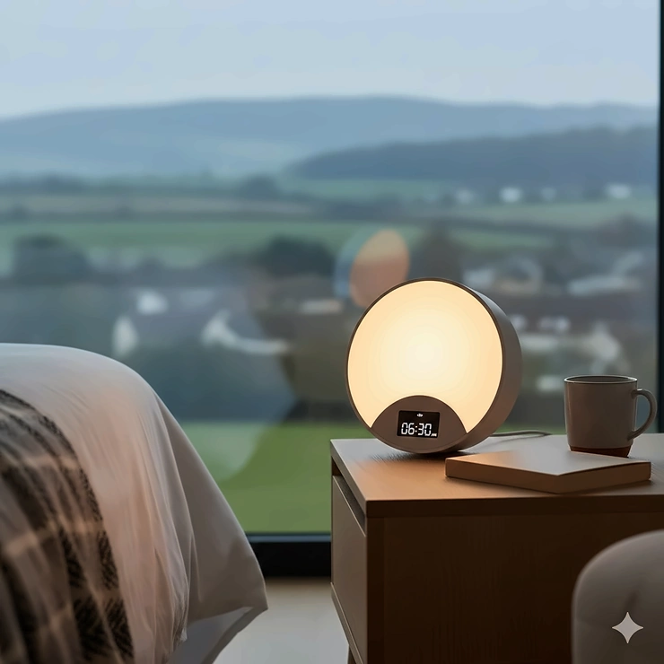 A sunrise alarm clock glowing with a warm orange light on a wooden bedside table in a British bedroom with a countryside view. wake up light alarm clock