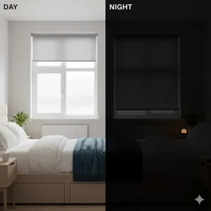 Side-by-side comparison showing a bedroom in daylight versus the total darkness provided by blackout blinds.