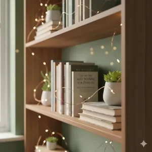 Delicate copper wire battery fairy lights woven through books and succulents on a wooden bookshelf against a sage green wall.