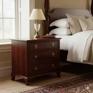 Traditional mahogany bedside tables with storage drawers and ornate brass pull handles.