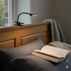 A compact, rechargeable clip-on reading light attached to a wooden headboard for nighttime reading.