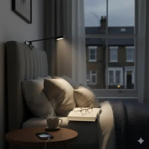 A portable clip-on LED reading light attached to a grey upholstered headboard in a UK bedroom.