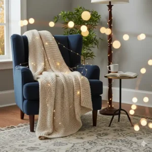 A cosy bedroom reading nook with a navy blue armchair, a knitted throw, and soft battery operated fairy lights in the foreground.