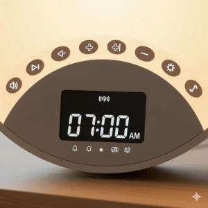 Detailed view of the intuitive control panel on a wake up light featuring icons for brightness, volume, and alarm programme settings.