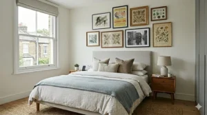 An eclectic gallery wall featuring a mix of vintage posters and black-and-white photography displayed as wall art above a bed.