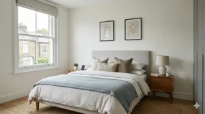 A pair of framed botanical line-drawing prints hung symmetrically as wall art above a bed in a bright, airy guest room.