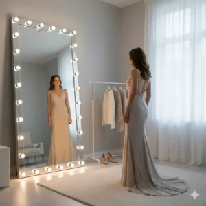 Floor-standing full-length vanity mirror with a border of bright LED bulbs, perfect for checking outfits and evening wear.