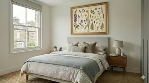 A sophisticated gold-framed botanical illustration of garden flowers used as elegant wall art above a bed with neutral linens.