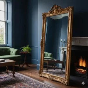 Alt text for image 7: Antique gold ornate full length mirror acting as a focal point in a traditional British lounge with a fireplace.