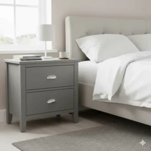 Contemporary grey painted bedside tables with storage and polished chrome handles.