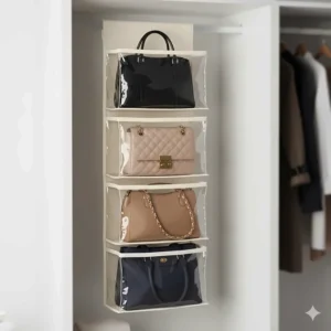 A vertical hanging handbag organiser with clear pockets to protect bags while saving wardrobe shelf space.