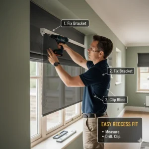 Helpful guide illustration showing how to fit blackout blinds inside a window recess for a flush finish.