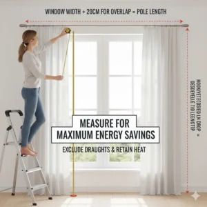 Guide on measuring window width and drop to ensure thermal curtains provide maximum draught exclusion and energy savings.