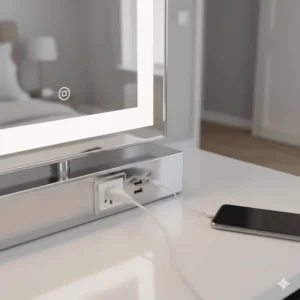 Detail shot of a vanity mirror base featuring a standard UK 3-pin plug and built-in USB charging ports for mobile devices.