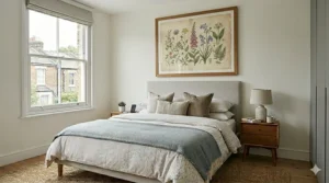 A large vintage-style botanical poster featuring British wildflowers, framed in light oak as wall art above a bed.