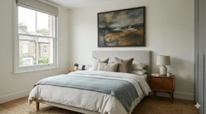 A large horizontal canvas featuring a textured abstract landscape in earthy tones used as statement wall art above a bed.