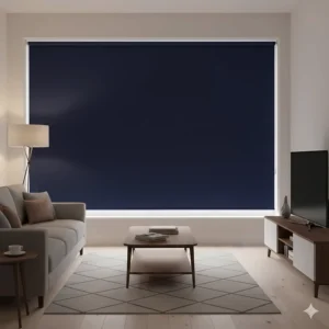 Elegant navy blue blackout roller blinds fitted in a contemporary UK living room to prevent screen glare.