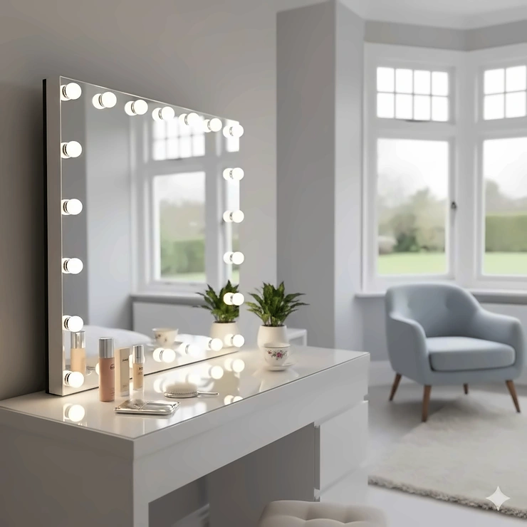 Large Hollywood-style vanity mirror with dimmable LED bulbs set on a modern white dressing table in a bright British bedroom. vanity mirrors with lights