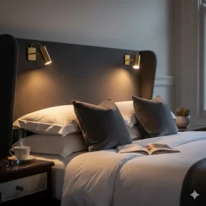 A high-end recessed spotlight reading lamp often found in boutique UK hotels and master bedrooms.