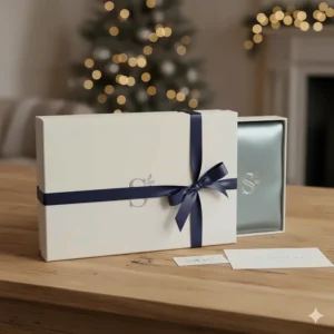 A luxury cream-coloured gift box with a navy blue ribbon containing a silk pillowcase, presented on a wooden table in a cosy UK home.