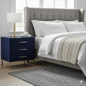 High-end navy velvet upholstered bedside tables with storage drawers and gold metal legs.