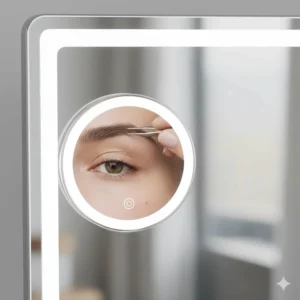 A 10x magnification spot mirror attached to a larger illuminated vanity mirror, highlighting clear skin textures for grooming.