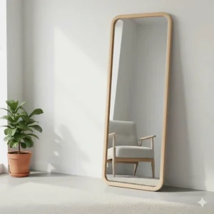 Alt text for image 8: Minimalist light wood full length mirror with rounded edges in a bright flat.
