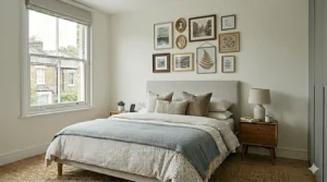 A creative mix of gold-framed mirrors and small prints arranged as a decorative gallery wall art above a bed.