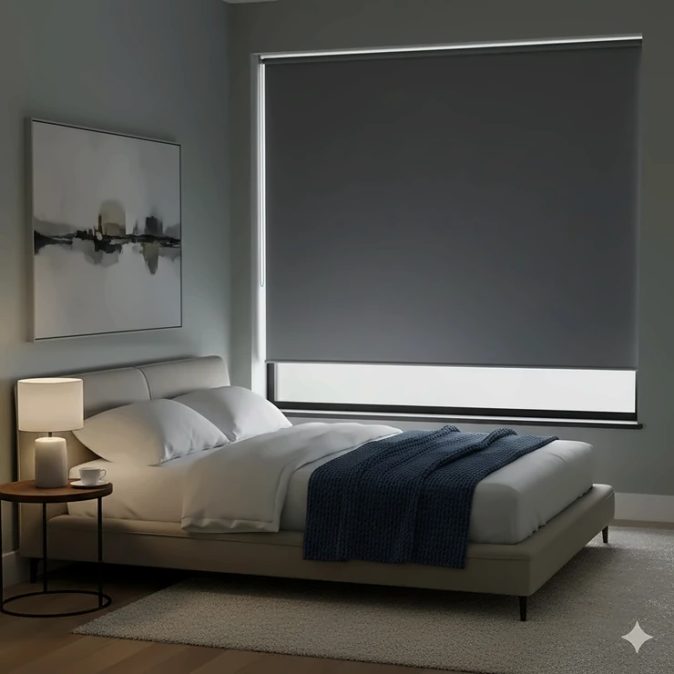 Stylish charcoal grey blackout blinds installed in a modern British bedroom for total light control. blackout blinds