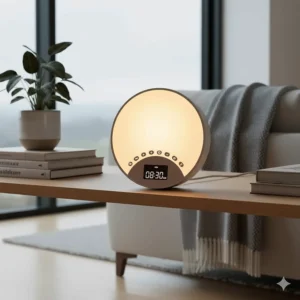 A stylish sunrise alarm clock positioned on a contemporary wooden shelf within a bright, minimalist British home interior.