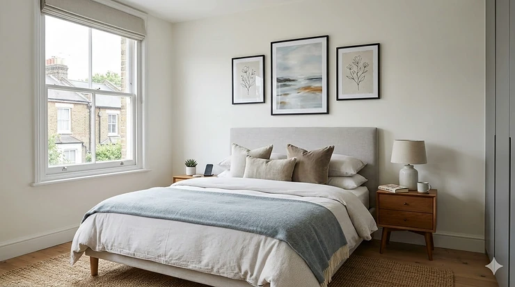 A stylish master bedroom featuring a large triptych of abstract wall art above a king-size bed with plush grey bedding and soft morning light. wall art above bed